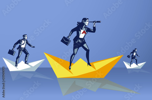 Business Woman Looks Through Binocular and Sail on Paper Ship Illustration Concept