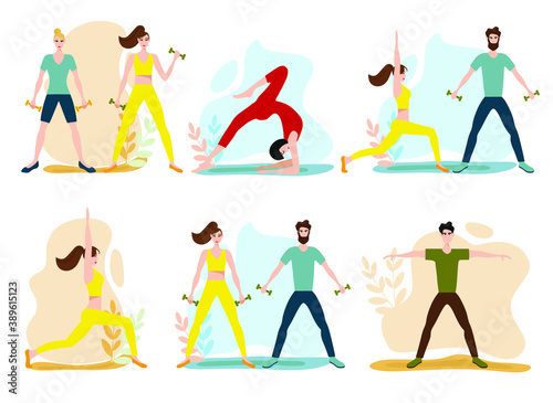 set of men and women playing sports, people doing exercises