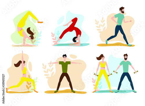 set of men and women playing sports, people doing exercises