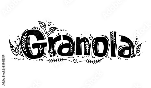 Granola logo template with handwritten calligraphy lettering composition in doodle style. Muesli, organic health food concept. Black and white vector.