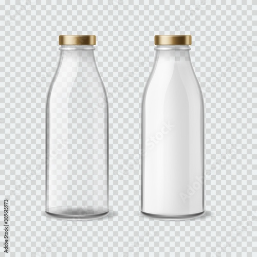 Milk bottle. Realistic empty and full bottles for liquids, closed packaging with golden cap, 3d mockup of glass container for drinks. Blank product advertising template vector set