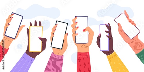 Hands holding phones with empty screens. Cartoon flat color hand with smartphones mockups, clean mobile displays, advertising on device screen, online communication vector illustration