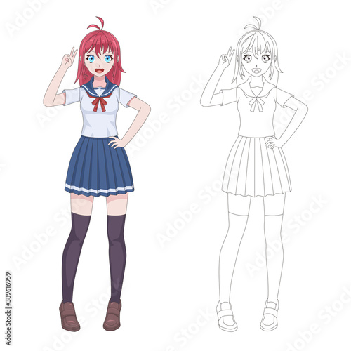 Anime manga girl. Comic japanese style smiling young woman in marine uniform, short skirt cosplay clothes, kawaii asian teen standing vector female colored and coloring book character