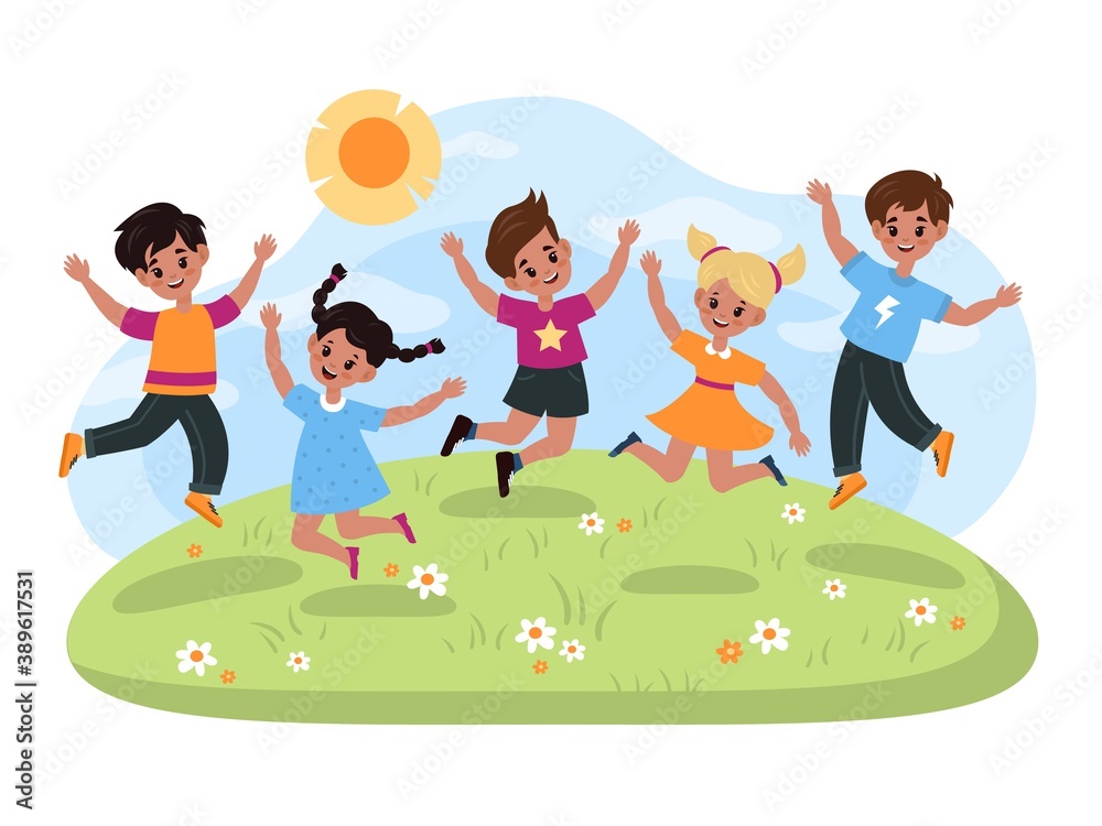 Happy jumping kids. Joyful school cute children, boys and girls have fun and jump together outdoor, little friends smile kindergarten in park vector cartoon flat childhood concept