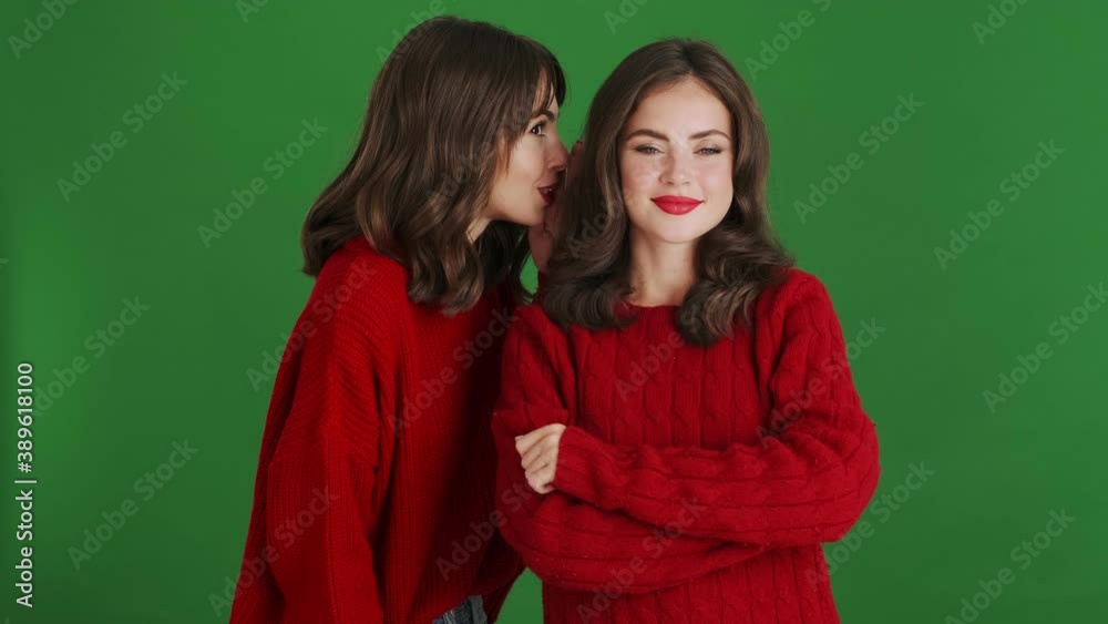 Two attractive girls wearing red sweaters are sharing secrets standing isolated over a green background in the studio Two attractive girls wearing red sweaters are sharing secrets standing isolated over a green background in the studio