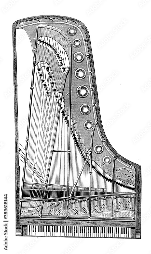 Obraz premium Cast iron skeleton frame of a concert piano, 19th century illustration