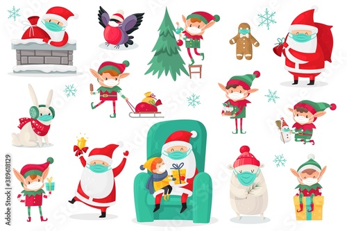 Cartoon christmas characters wearing medical masks. Santa, elves and animals in protect mask, antiviral protective measure, stop spread viruses and beware epidemic covid-19 vector set