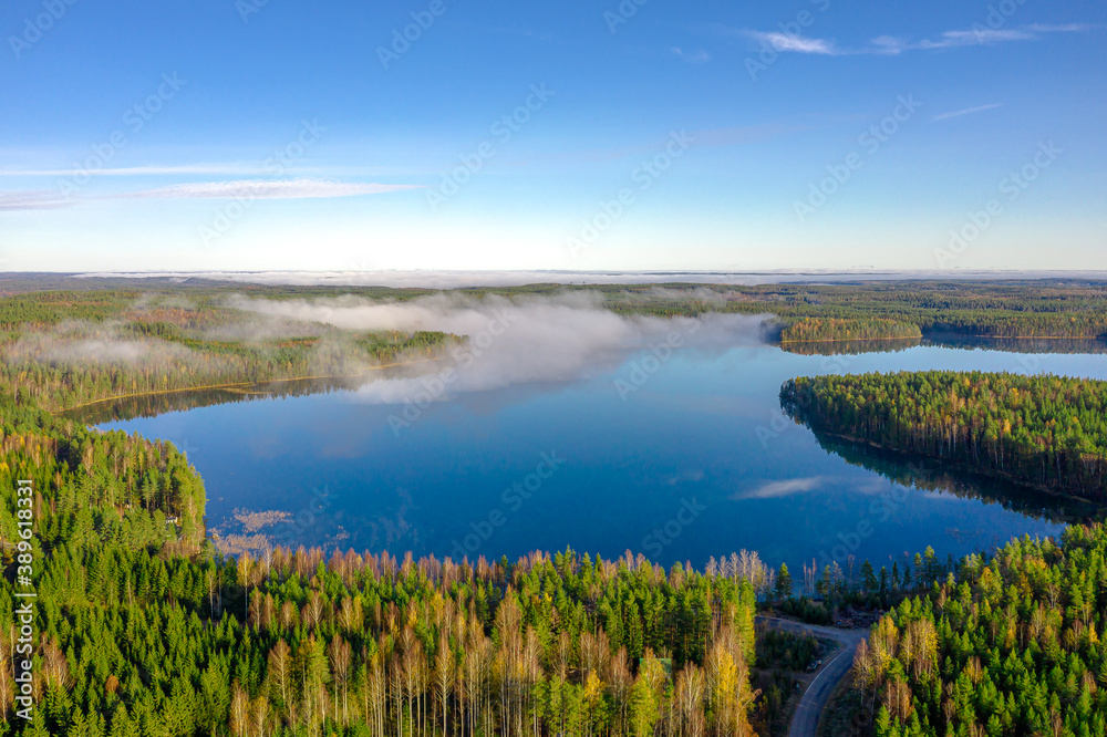 Finland landscape from the air with drone, lakes and pine forest Finland landscape from the air with drone, lakes and pine forest