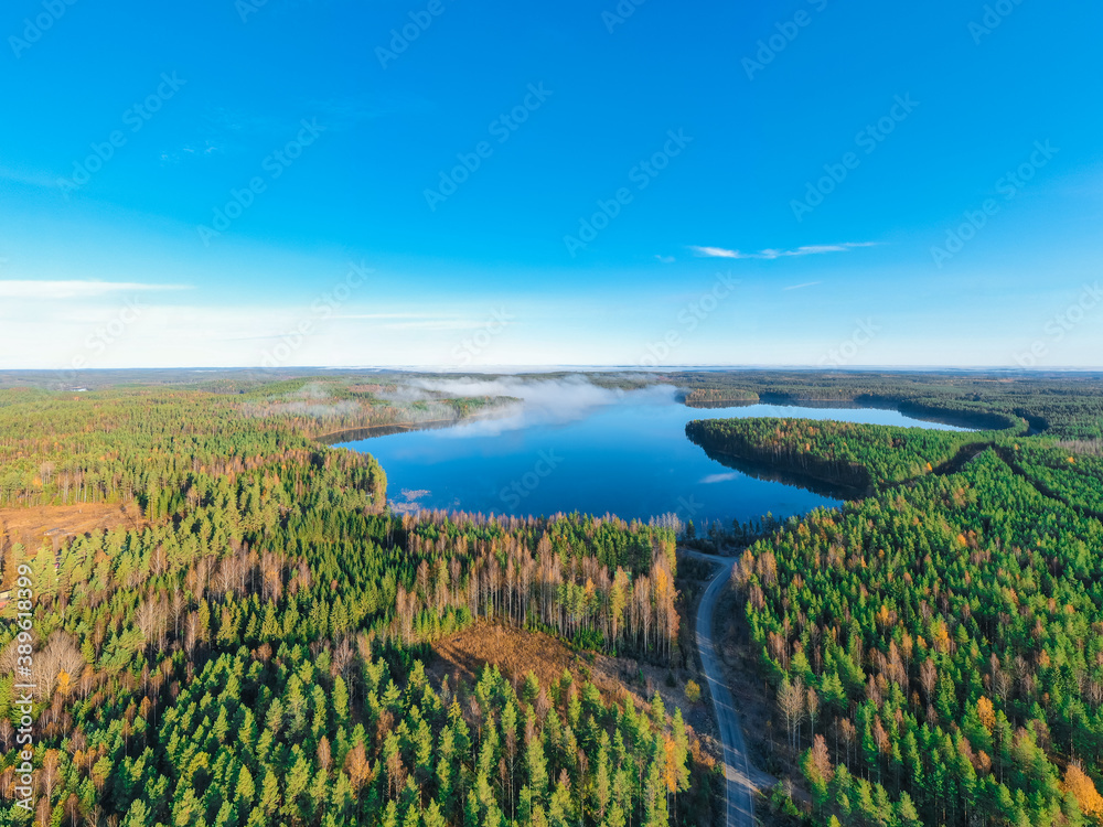Finland landscape from the air with drone, lakes and pine forest