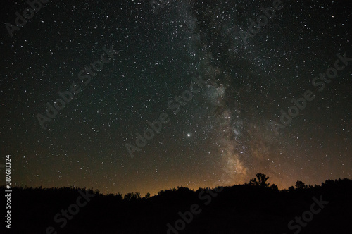 Starry sky in summer night with the Milky Way and great variety of colors. Forest with shadows. Panoramic photography
