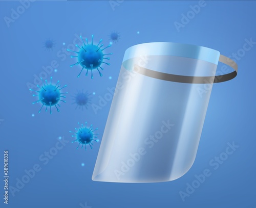 Face shield. Protective face screen repels germs, transparent plastic medical shields, antibacterial barrier, stop Covid-19, flu viruses protection beware epidemic realistic vector concept