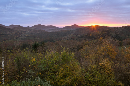 Palatinate forest in Germany and autumn landscape during sunrise