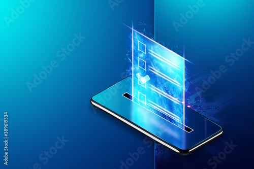 Online voting, Smartphone as a box for Internet voting and e-ballot in the form of a hologram with a check mark. Electronic voting technology concept. 3D render, 3D illustration