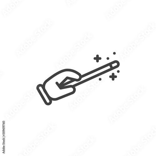 Hand with magic wand line icon. linear style sign for mobile concept and web design. Magic wand trick outline vector icon. Symbol, logo illustration. Vector graphics