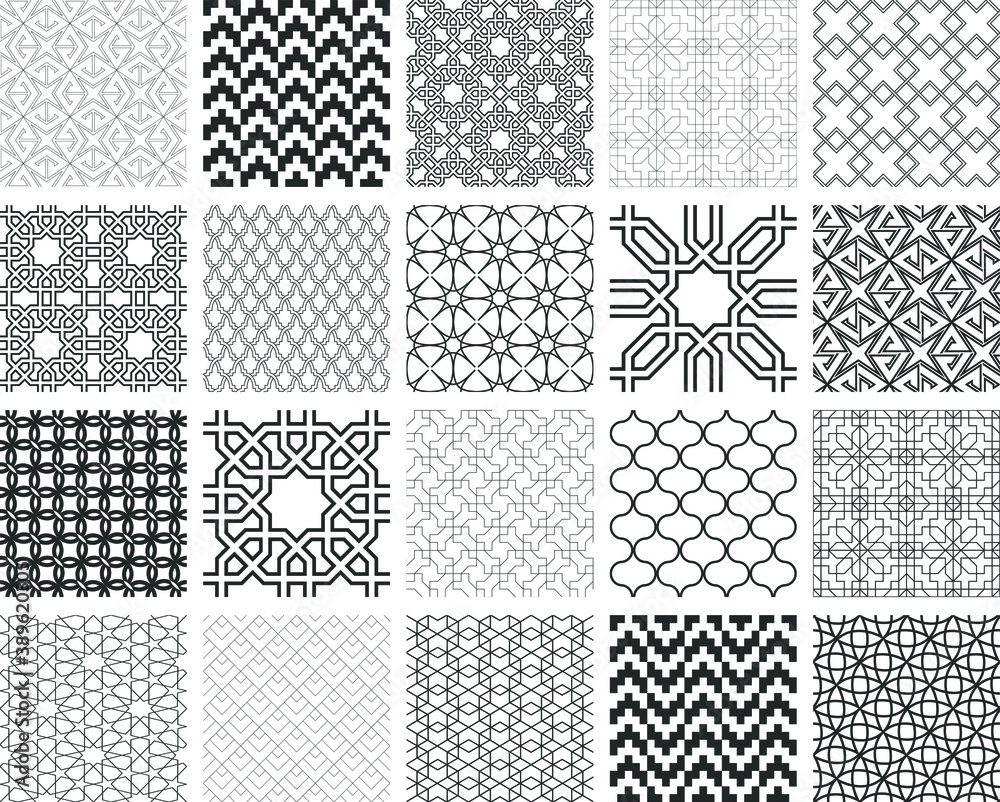 Set of seamless vector oriental geometric patterns. Repeat geometrical arabic abstract backgrounds. 10 eps design for fabric, textile, wrapping, cover etc.