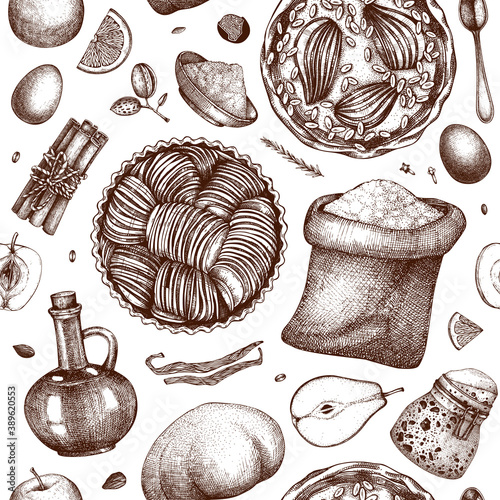 Fruits cakes cooking process background. Seamless pattern with hand-drawn baking cakes, pies, dough, kitchen stuff, ingredients. 