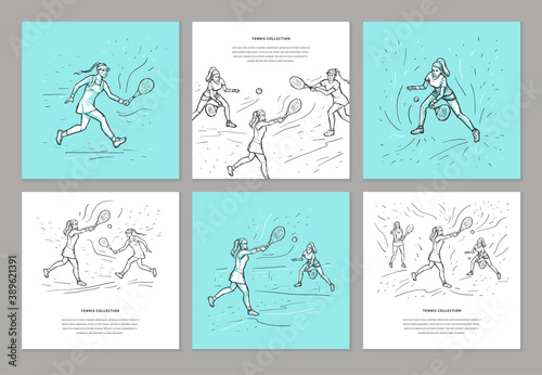 Tennis sketch hand drawn set vector templates. Woman tennis players. Sport concept in blue, black, white colors.