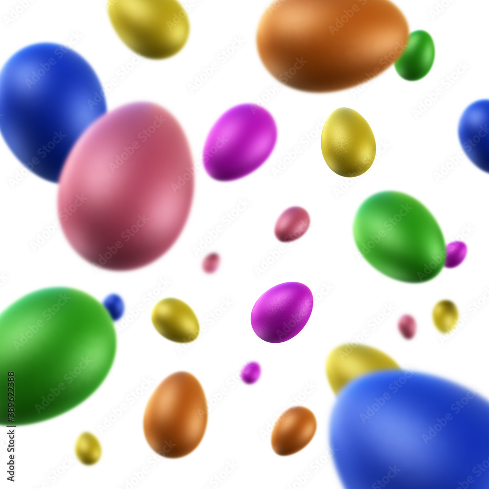 Many rainbow colored easter eggs free falling on white background. Selective focus - shallow depth of field. 3D illustration.