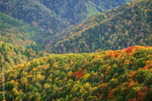 Beautiful autumn mountain view and landscapes from the path from Ribaritsa to Eho hut chalet and peaks Yumruka and Kavladan, Central Balkan, Teteven, Bulgaria photo