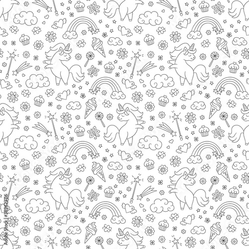 Seamless pattern with unicorn, rainbow, shooting star and magic wand in doodle style. Hand drawn vector illustration on white background. Black and white
