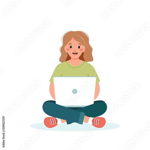 Woman with a laptop working, student or remote work concept