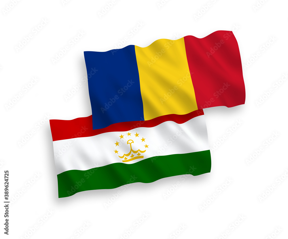 Flags of Romania and Tajikistan on a white background Flags of Romania and Tajikistan on a white background