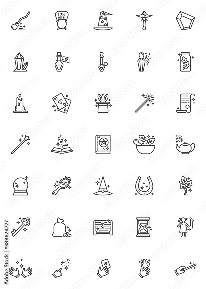 Magic show line icons set. Fantasy game linear style symbols collection, outline signs pack. vector graphics. Set includes icons as fairy tail, magic wand, witch hat, potion bottle, treasure chest