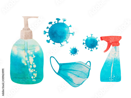 Personal hygiene products: surgical mask, hand sanitizer, disinfectant in spray bottle and coronavirus shape, hand painted watercolor isolated on white background, health care concept, Covid-19 pandem photo