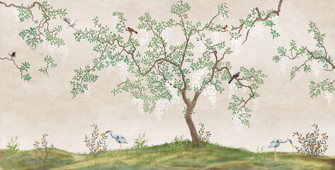 Keuken achterwand Wit Bloeiende boom Japanse tuin met vogels  © Katrine_arty