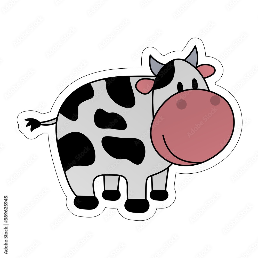 Sticker of Smiling Cow Cartoon, Cute Funny Character, Flat Design Sticker of Smiling Cow Cartoon, Cute Funny Character, Flat Design