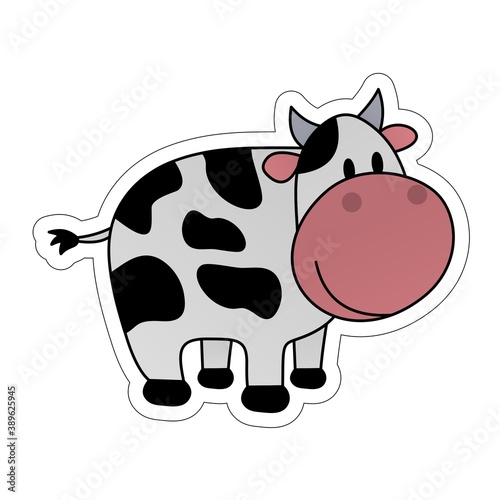 Sticker of Smiling Cow Cartoon, Cute Funny Character, Flat Design