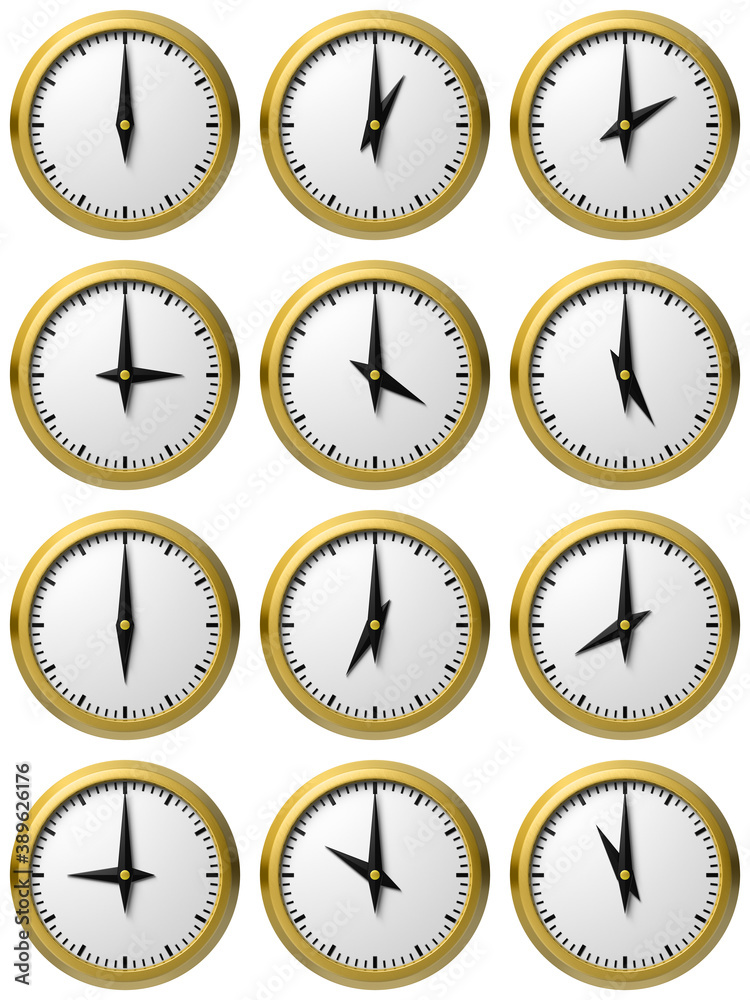 Set of yellow analogue clocks showing full 12 hours. 3D illustration. Set of yellow analogue clocks showing full 12 hours. 3D illustration.