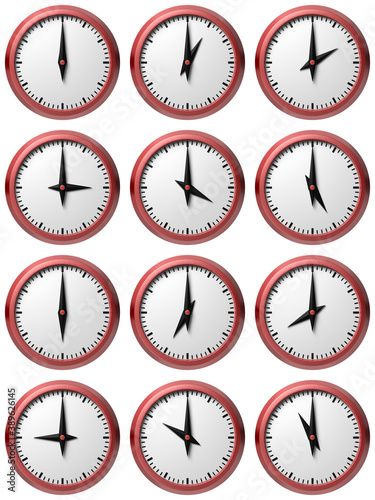 Set of red analogue clocks showing full 12 hours. 3D illustration.