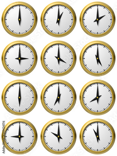 Set of yellow analogue clocks showing full 12 hours. 3D illustration.