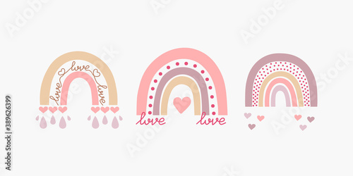 Scandinavian boho rainbows set with hearts and love in pastel colors. Hand drawn vector element for nursery decoration, baby shower, birthday, children's party, poster, invitation, postcard, clothes