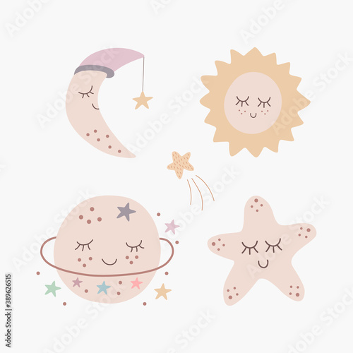 Scandinavian boho cute cartoon set of crescent, planet, stars, sun. Hand drawn vector elements for nursery decoration, baby shower, children's party, poster, invitation, postcard, kids clothes