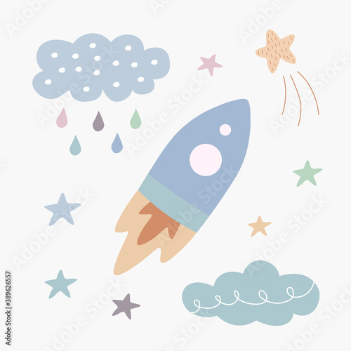 Scandinavian cute cartoon set of rocket, clouds, stars. Hand drawn vector elements for nursery decoration, baby shower, children's party, poster, invitation, postcard, kids clothes