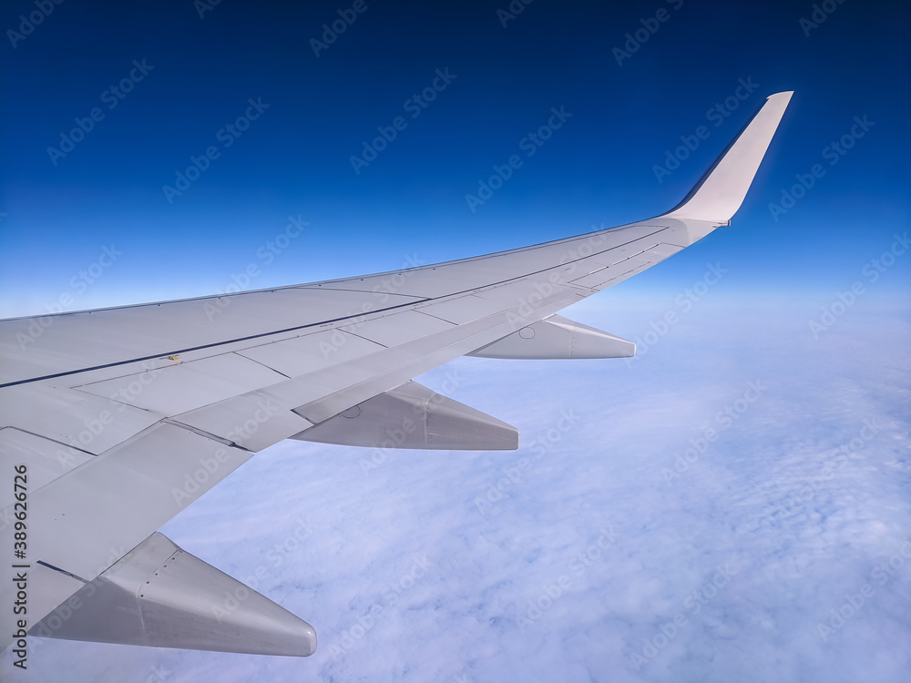 View Of Airplane Wing From Cabin Window When The Airplane Flying High Above The Cloudy Sky. Traveling With Airline. Side View From Inside. Flight restrictions due to Covid-19. View Of Airplane Wing From Cabin Window When The Airplane Flying High Above The Cloudy Sky. Traveling With Airline. Side View From Inside. Flight restrictions due to Covid-19.