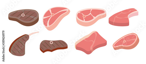 Cartoon beef steaks. Steak Icons used for cooking steak and roast - t-bone, rib eye, porterhouse, tomahawk, filet mignon