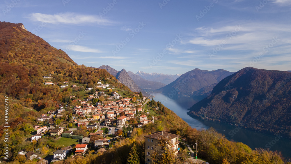 Beautiful landscape of Lugano taken from the mountain Bre with the drone Mavic Air 2 