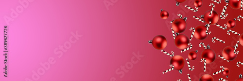 Levitation of christmas toys on pink red background