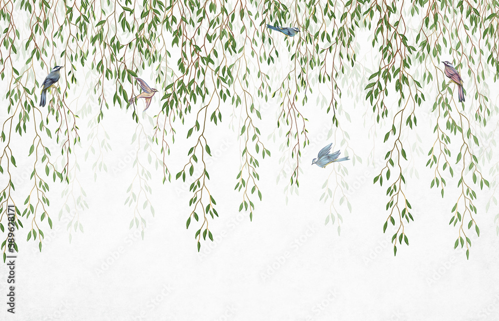 Willow branches hanging from above with birds on a white background. Wallpaper, murals and wall paintings for interior printing. - obrazy, fototapety, plakaty 
