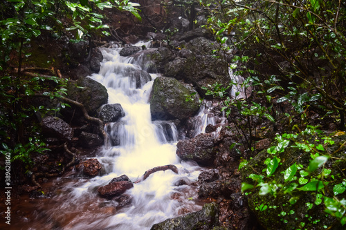 View of milky white waterfall on a small stream at Matheran, Maharashtra.