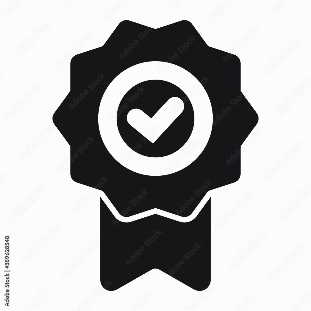 Medal and OK icon. Guarantee illustration. Winner icon. Approval label. Reward. Vector icon. Medal and OK icon. Guarantee illustration. Winner icon. Approval label. Reward. Vector icon.