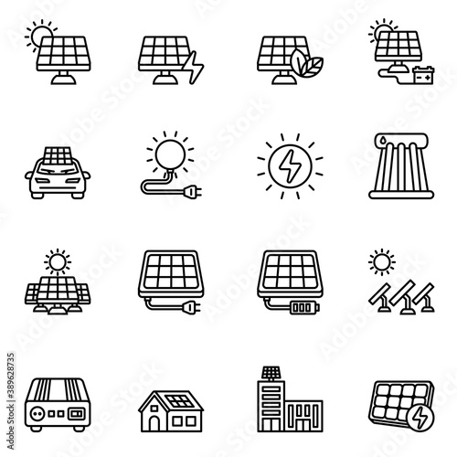Solar energy, Solar panel icons set with white background. Thin line style stroke vector.