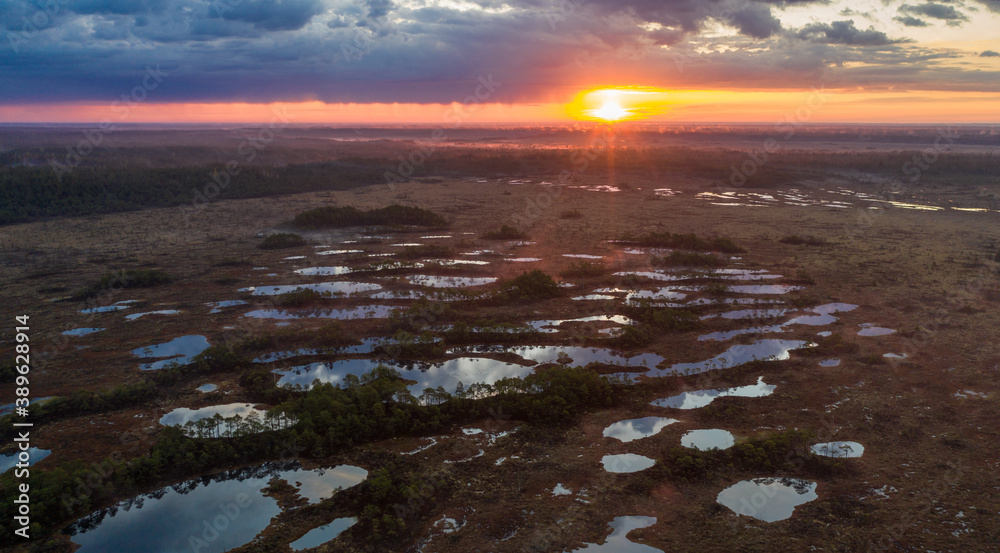 Εκτύπωση καμβά Aerial view over lake rich peat bog in the sunrise foggy morning