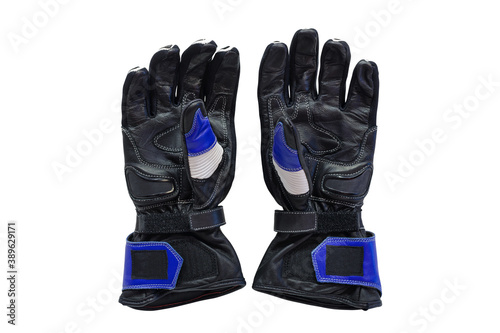 blue leather motorcycle gloves isolated on white background photo