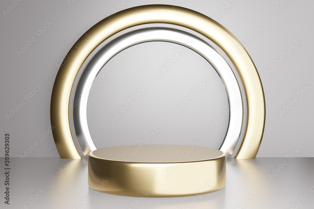 3d rendered studio mock up background for product presentation, with circle shapes, podium on the floor. minimal gold colors. 3d rendered studio mock up background for product presentation, with circle shapes, podium on the floor. minimal gold colors.