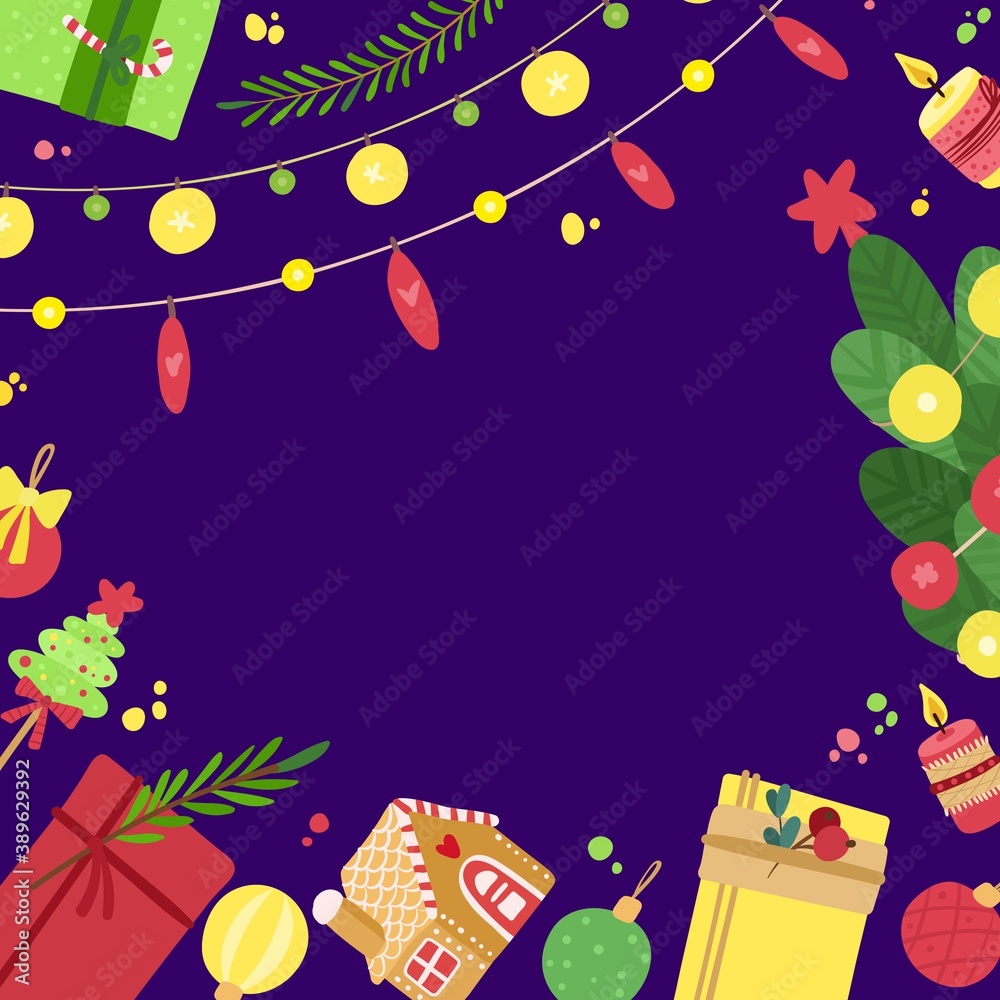 Fototapeta premium Christmas square frame with candles, garlands, gift boxes, presents, gingerbread house on dark background. Holiday Christmas flat vector social media banner template.
