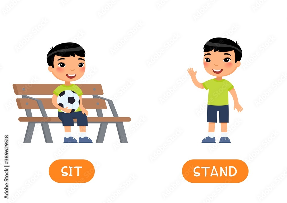 Antonyms concept, STAND and SIT. Educational flash card with little